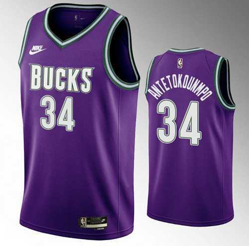 Men%27s Milwaukee Bucks #34 Giannis Antetokounmpo 2022-23 Purple Classic Edition Swingman Stitched Basketball Jersey Dzhi